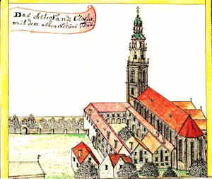 Das Alte Sandt Closter mit dem alten schöne Thurm - Kościół i klasztor N.M.Panny na Piasku, wg. dawnego widoku z lotu ptaka